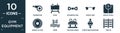 filled gym equipment icon set. contain flat trainer rod, buck, strandpulling, weight bar, weight scale, weight plates, swim,