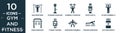 filled gym and fitness icon set. contain flat bar exercising, standing punching ball, dumbbells exercise, sport watch, lifting