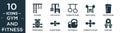 filled gym and fitness icon set. contain flat gym bars, gym station, gymnastic rings, bench press, protein shake, fitness bench,