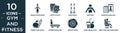 filled gym and fitness icon set. contain flat female sportwear, sport gloves, resistance, anatomy, exercise hang bar, carrot and