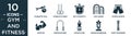 filled gym and fitness icon set. contain flat gymnastic ball, gymnastic rings, big stopwatch, gym ladder, fitness shorts, muscles