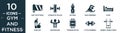filled gym and fitness icon set. contain flat mat for fitness, gymnastic roller, isotonic, man swimming, sleep, good diet,