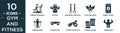 filled gym and fitness icon set. contain flat running treadmill, protein, abdominal exercises, elevation mask, energy snack, Royalty Free Stock Photo