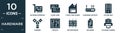 filled hardware icon set. contain flat network interface card, flash card, floppy disk upside down, hardware hotspot, system unit