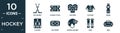 filled hockey icon set. contain flat ice hockey, hockey pitch, visitors, clothes, drink, playoff, ice court, helmet, shin, bag Royalty Free Stock Photo