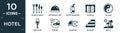 filled hotel icon set. contain flat eating utensils, restaurant tray, fire extinguisher, elevator, yin yang, wine glass, parking,