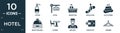 filled hotel icon set. contain flat lotion, hotel, reception, escalator, hot stones, reception bell, lounge, bellboy, check out,