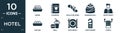 filled hotel icon set. contain flat onigiri, cookbook, escalator down, cinnamon roll, receptionist, dim sum, meal, restaurant,