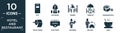 filled hotel and restaurant icon set. contain flat exit, bathrobe, dinner, terrace, cinnamon roll, toilet paper, five stars,