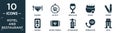 filled hotel and restaurant icon set. contain flat napkins, no pets, wine glass, olives, skewer, booking, eating utensils,