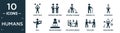 filled humans icon set. contain flat happy man, business meeting, vacuum cleaning, broken leg, showering, null, online business,