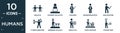 filled humans icon set. contain flat high five, internet on laptop computer, teachers, businessman with tie, man pointing, fitness