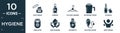 filled hygiene icon set. contain flat face cream, varnish, clothes hanger, detergent dose?, lip balm, depilator, face washer, Royalty Free Stock Photo