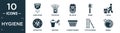 filled hygiene icon set. contain flat hand dryer, toothpick, epliator, primp, throw, extractor, sanitary, laundry basket, cotton