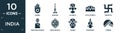 filled india icon set. contain flat karma, shehnai, alamelu, lotus temple, swastica, mahatma gandhi, tikka masala, vishnu, Royalty Free Stock Photo