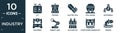 filled industry icon set. contain flat lift, crusher, electric saw, coal wagon, geothermal, machinery, robotic arm,, electrolysis