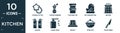 filled kitchen icon set. contain flat cookie cutter, coffee grinder, custard cup, kitchen mitten, grater, sauces, liquid soap,