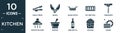 filled kitchen icon set. contain flat garlic press, knives, sugar sifter, ice cube tray, corkscrew, extractor hood, mortar, wine