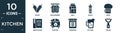 filled kitchen icon set. contain flat wheat, bun warmer, milk, sauce, beer, recipe book, toaster, conserve, pitcher, peeler icons