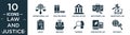 filled law and justice icon set. contain flat international law, practise areas, law and justice, employment law, inheritance
