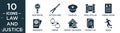 filled law and justice icon set. contain flat investigation, butterfly knife, police hat, scroll with law, criminal record, Royalty Free Stock Photo