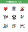 Novel Coronavirus 2019-nCoV. 9 Filled Line Flat Color icon pack medical assistance, virus, dirty hands, tubes, elucation