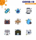 9 Filled Line Flat Color Set of corona virus epidemic icons. such as bandage, case, healthcare, medical, emergency