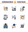 9 Filled Line Flat Color Set of corona virus epidemic icons. such as mobile, healthcare, transport, health, water