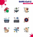 Coronavirus Prevention Set Icons. 9 Filled Line Flat Color icon such as soapy water, hand washing, virus, basin, people