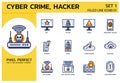 Filled Line Icons Style. Hacker Cyber crime attack for web design, ui, ux, mobile web, ads, magazine, book, poster