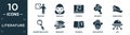 filled literature icon set. contain flat teacher, dracula, physics, bouquet, robin hood, magnifying glass, graduate, religion, don