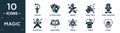 filled magic icon set. contain flat juggler, playing cards, voodoo, magic trick, magic assistant, voodoo doll, book, jewish,