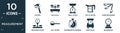 filled measurement icon set. contain flat caliper, old scale, small scale, cup of water, three measuring spoons, groceries store