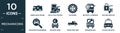 filled mechanicons icon set. contain flat ambulance facing left, car at gas station, car wheel, bus with a compass, car and