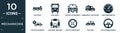 filled mechanicons icon set. contain flat big truck, bus front, car with cogwheels, emergency car facing right, car speedometer,