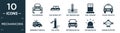 filled mechanicons icon set. contain flat car repairing, taxi facing left, car temperature, fuel counter, police car with light,