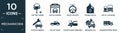 filled mechanicons icon set. contain flat car tire change, car in a garage, police car with steering wheel, change oil, bus at a