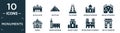 filled monuments icon set. contain flat alcala gate, egyptian, the shard, badshahi mosque, milan cathedral, russia, hassan mosque