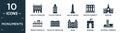 filled monuments icon set. contain flat lonja of zaragoza, galata tower in istanbul, walled obelisk, segovia aqueduct, moscow,