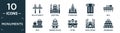 filled monuments icon set. contain flat millau viaduct, saint paul, pyongyang, pompeii, null, null, summer palace, petra, hagia