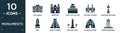 filled monuments icon set. contain flat pula arena, amritsar, castle of the holy angel in rome, gateway of india, canadian