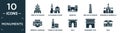 filled monuments icon set. contain flat temple of heaven in beijing, qutb minar in new delhi, medieval, obelisk of buenos aires,