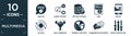 filled multimedia icon set. contain flat english, share content, bitcoin storage, paid, mailed, rolling, mail funneling, compact
