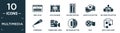 filled multimedia icon set. contain flat web log in, data sharing, volume control, movie clip button, big video projector, Royalty Free Stock Photo