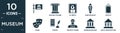 filled museum icon set. contain flat , antique column, el greco, sarcophagus, acrylic, mask, poetry, security guard, museum