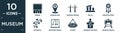 filled museum icon set. contain flat cinema, museum map, museum fencing, relics, dreamcatcher, botanical, newtons cradle, closed,