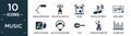 filled music icon set. contain flat cinema microphone, orchestra director, drums, musical sixteenth note, sheet music, long play