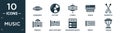 filled music icon set. contain flat harmonica, dvd disc, cymbal, organ, drumstick, fermata, eight note rest, newspaper report,