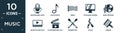 filled music icon set. contain flat microphone voice recording, eighth note, simile, television screen off, music record, movie