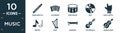 filled music icon set. contain flat pennywhistle, accordion, percussion, disc, heavy metal, melody, harp, bassoon, violoncello,